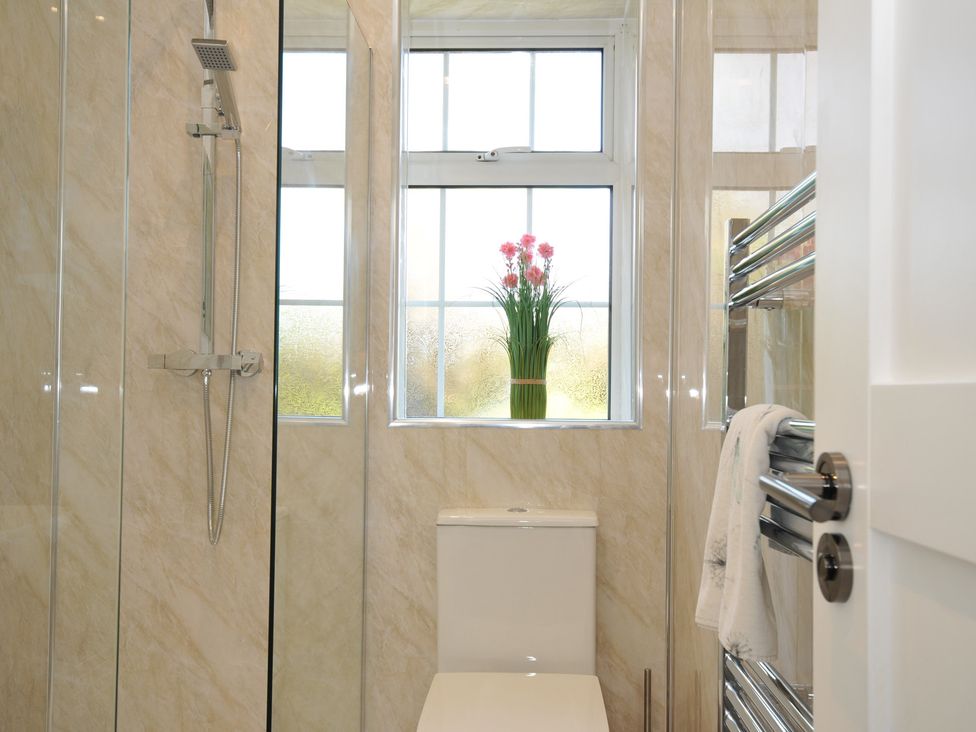 A bathroom with a shower and toilet at Tor View @ Fourwinds in Meldon near Okehampton