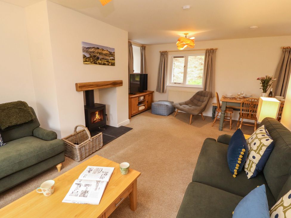 A living room with a fireplace and seating area at Swallow's Nest Thornthwaite near Braithwaite