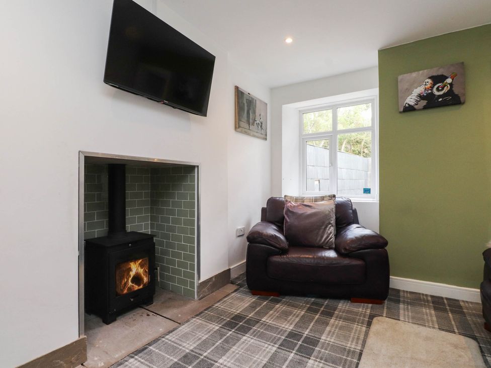 A living room with a stove and television at Tyddyn Elidir near Old Colwyn