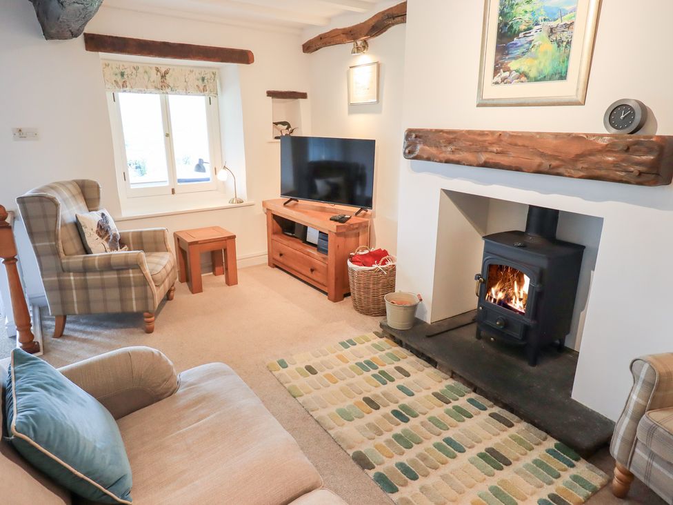 A living room with a television and fireplace at Squirrel Cottage in Bassenthwaite