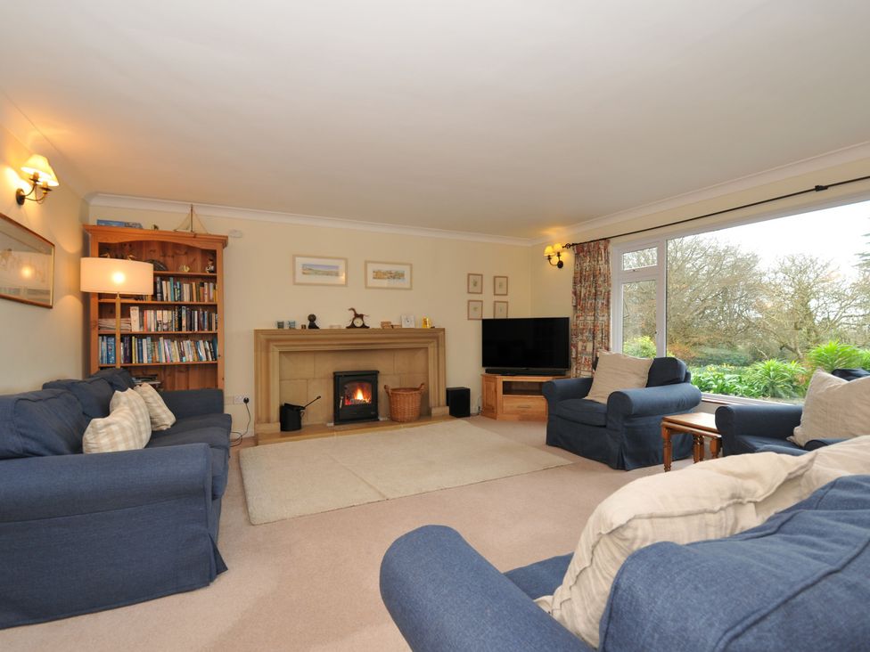 A living room with a fireplace and bookshelf at Tregillan in Rock