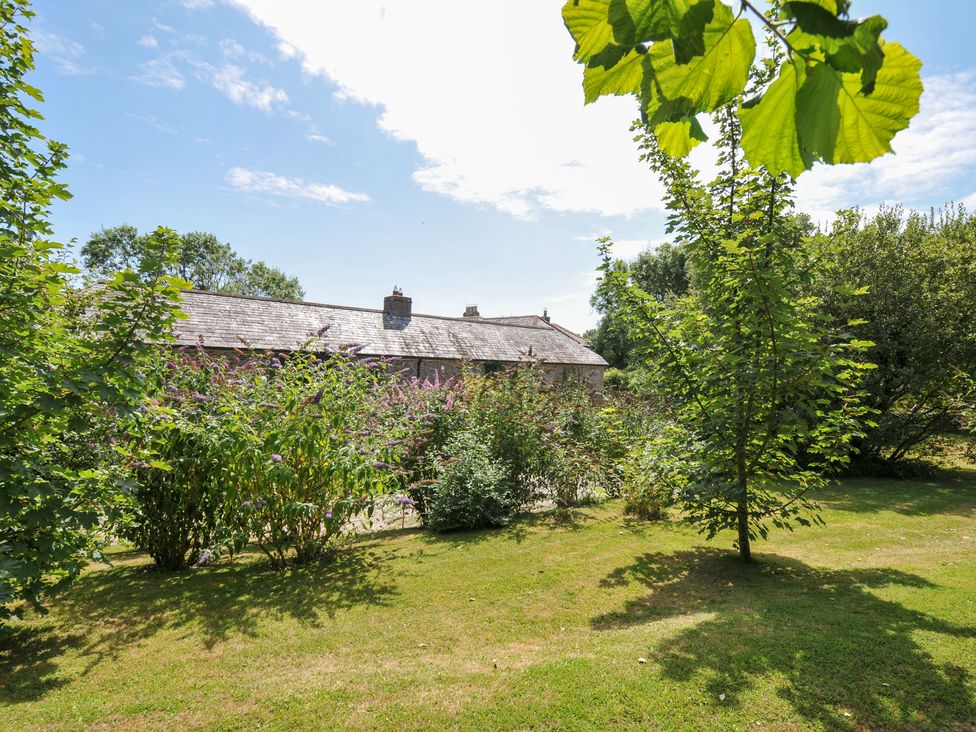 A view of a building surrounded by trees and bushes at Orchard Cottage in Polzeath