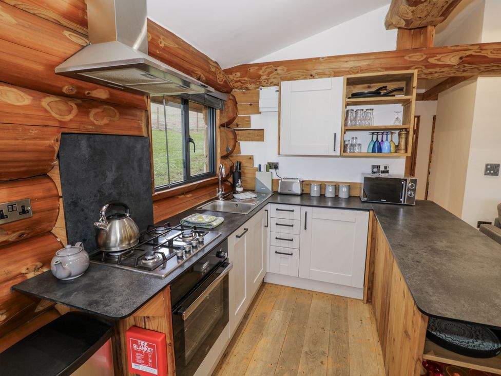 A kitchen with wooden walls and modern appliances at Douglas Cabin at Salford Court Farm Fishing Cabins near Clifton Upon Teme