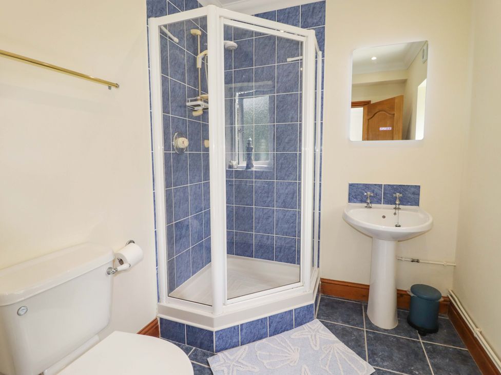 A bathroom with a shower, toilet, and sink at Charlecote House in Saundersfoot