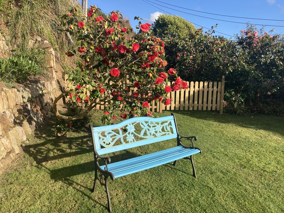 A garden with a blue bench and flowering plants at Stonecroft in Praa Sands