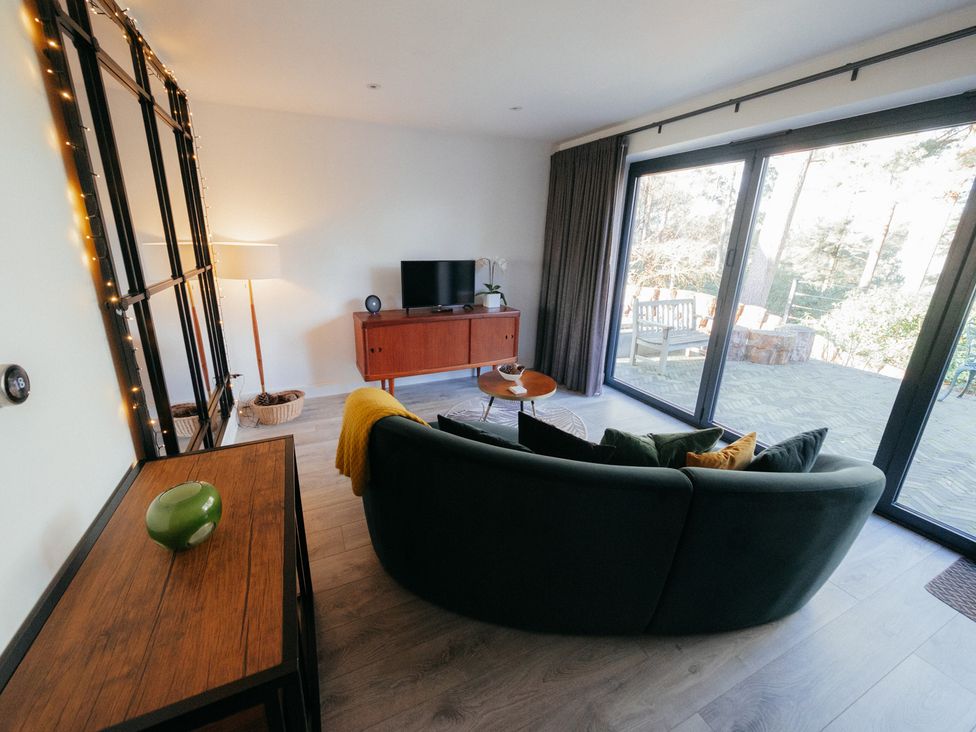 A living room with a sofa and tv stand at The Observatory Annexe in Westcott near Dorking