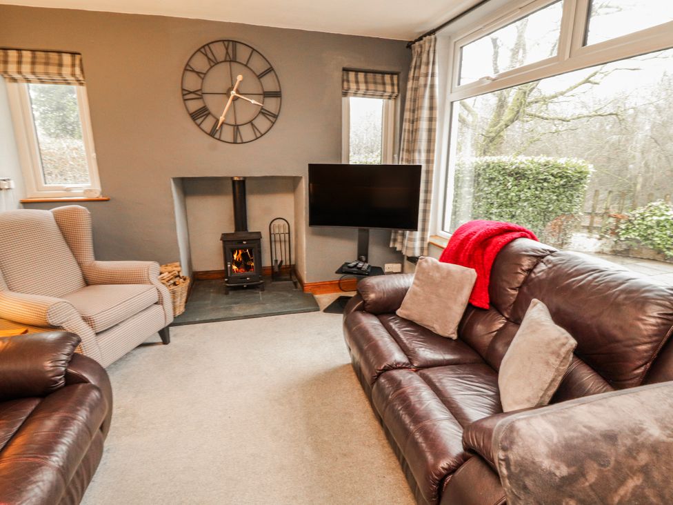A living room with a fireplace and television at Greenbank Cottage Winster near Bowness-On-Windermere
