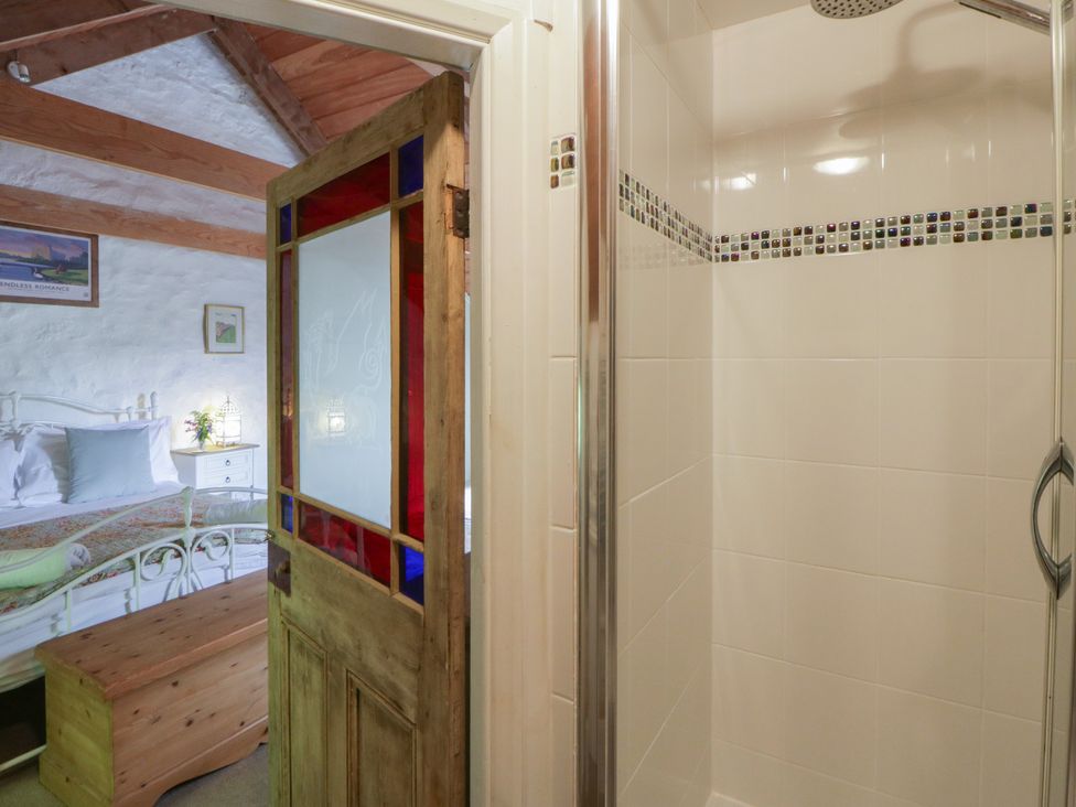 A bathroom with a shower and a wooden door at Sycamore Vestry in Pontfaen near Fishguard
