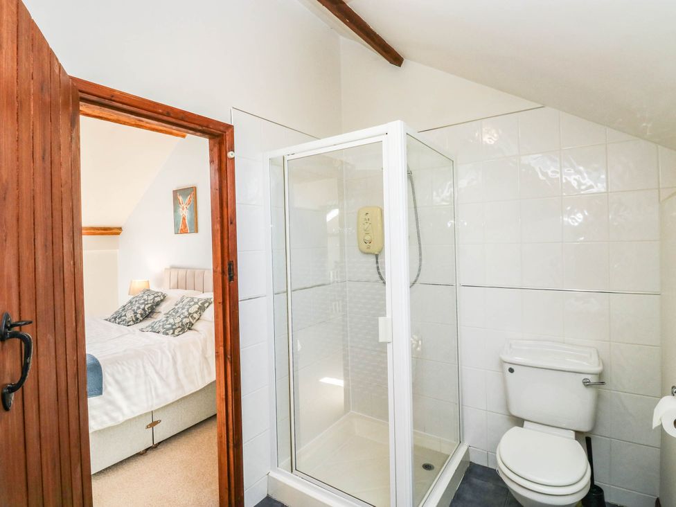 A bathroom with a shower and toilet at 3 Town Farm Court in Newton Abbot