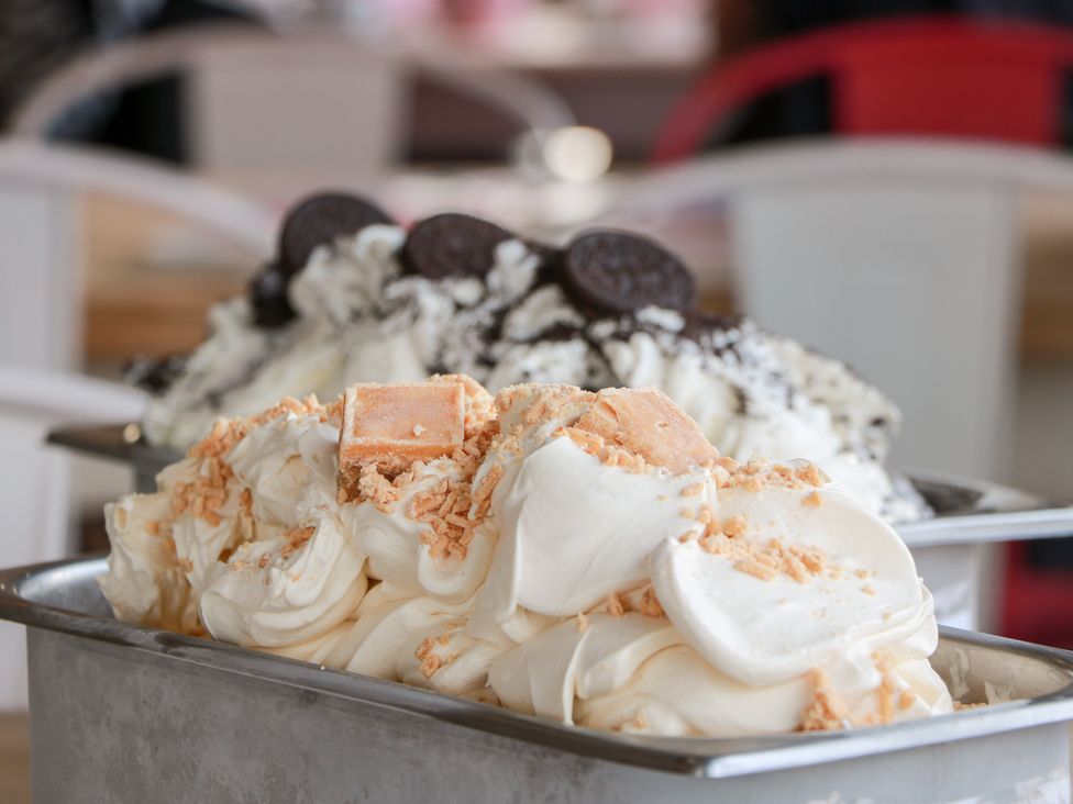 A dessert display with ice cream and toppings at Shieldhill Farm House in Falkirk