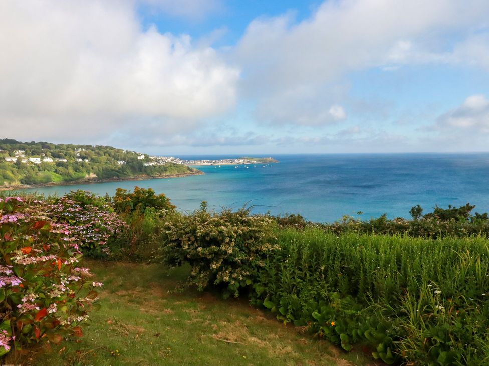 A view of the ocean and coastline with flowers in foreground at 5 St Gwithian Apartments
