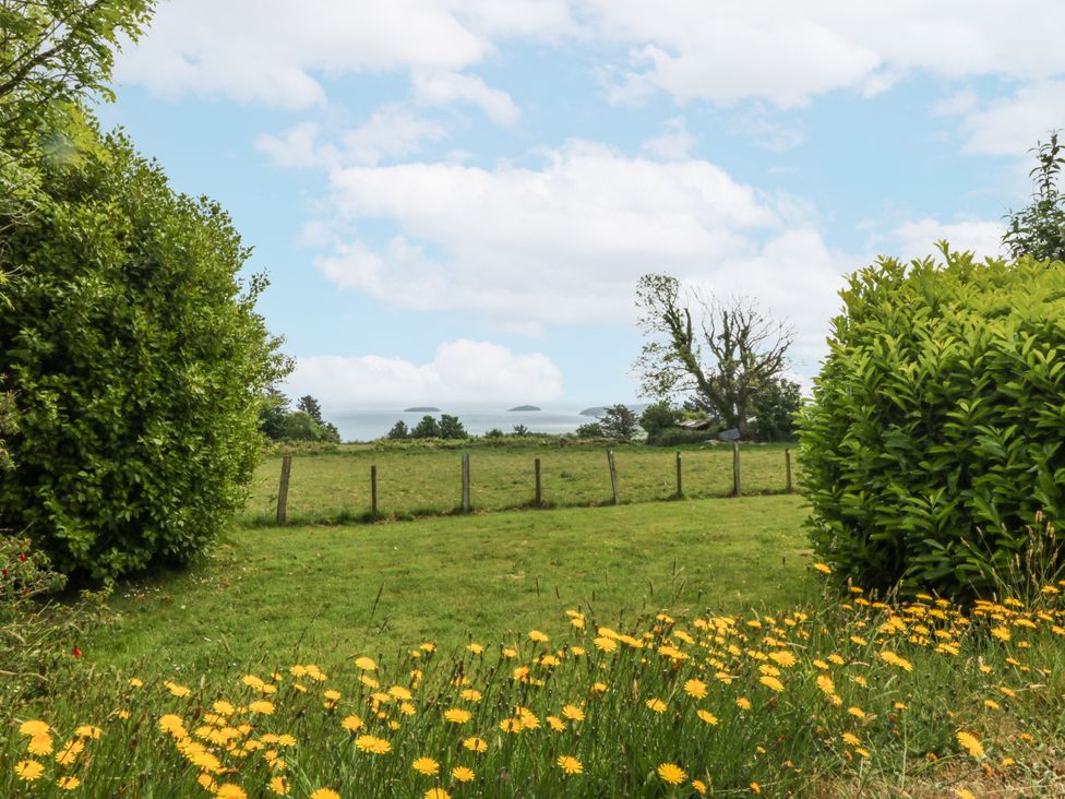 A scenic view of grass and flowers with trees and water at Bryn Awel in Mynytho near Abersoch