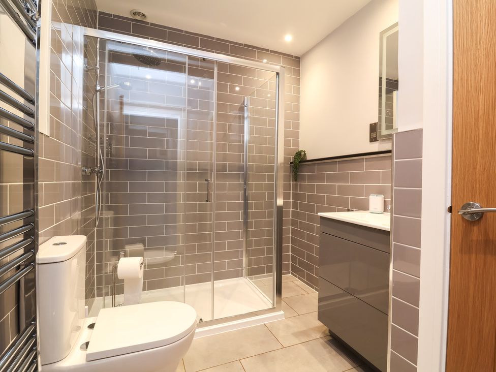 A bathroom with a shower and toilet at Ash Cottage in Combe Martin