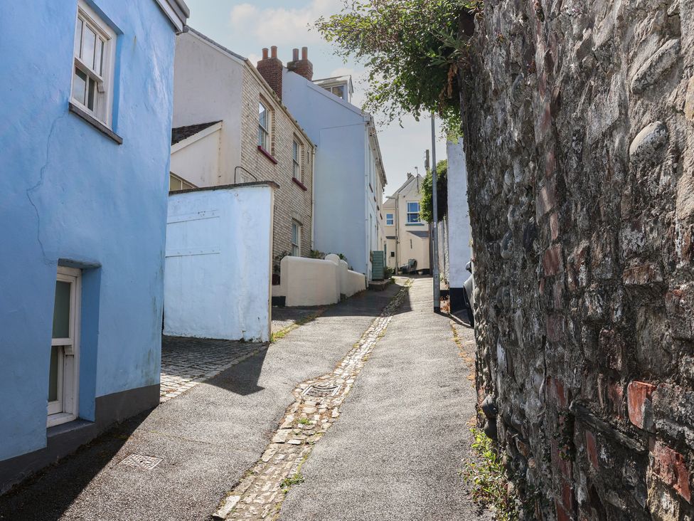 An alley with blue houses and a stone wall at Honeymoon Cottage in Appledore