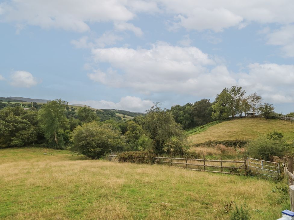 A landscape with grass, trees, and hills at Beudy Penarddwnion in Rhydymain near Dolgellau
