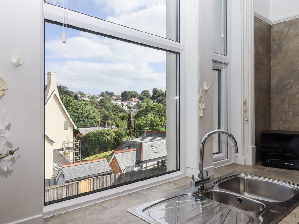 A kitchen with a sink overlooking a view at Kinbrae Apartment in Torquay
