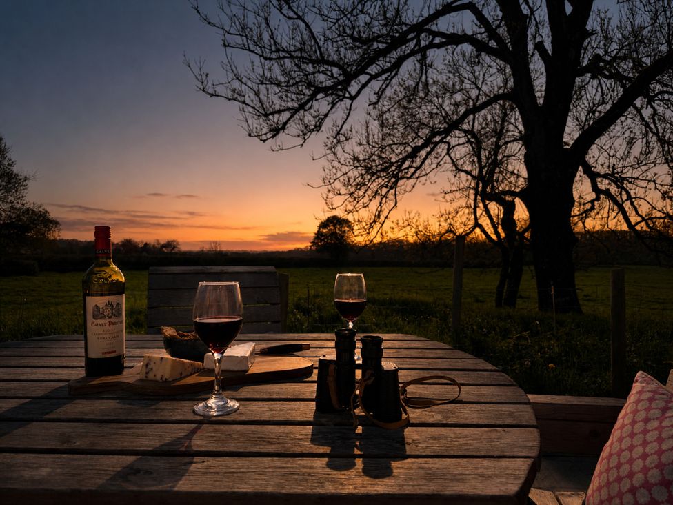 A table with wine, cheese, and binoculars at Pensarngerrig in Rhydlewis