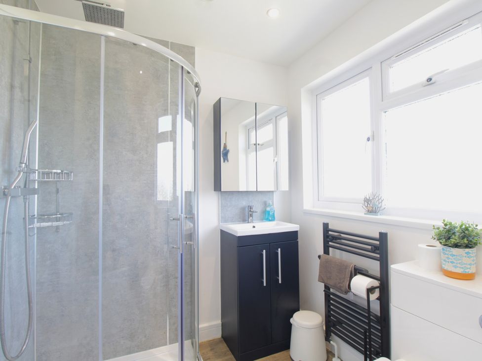 A bathroom with a shower, sink, and towel warmer at 65 Channel View Ilfracombe