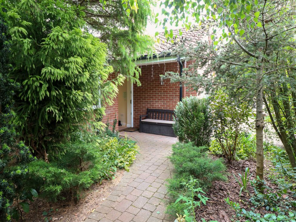 A garden with a pathway and a bench at Birch Cottage in Brundall
