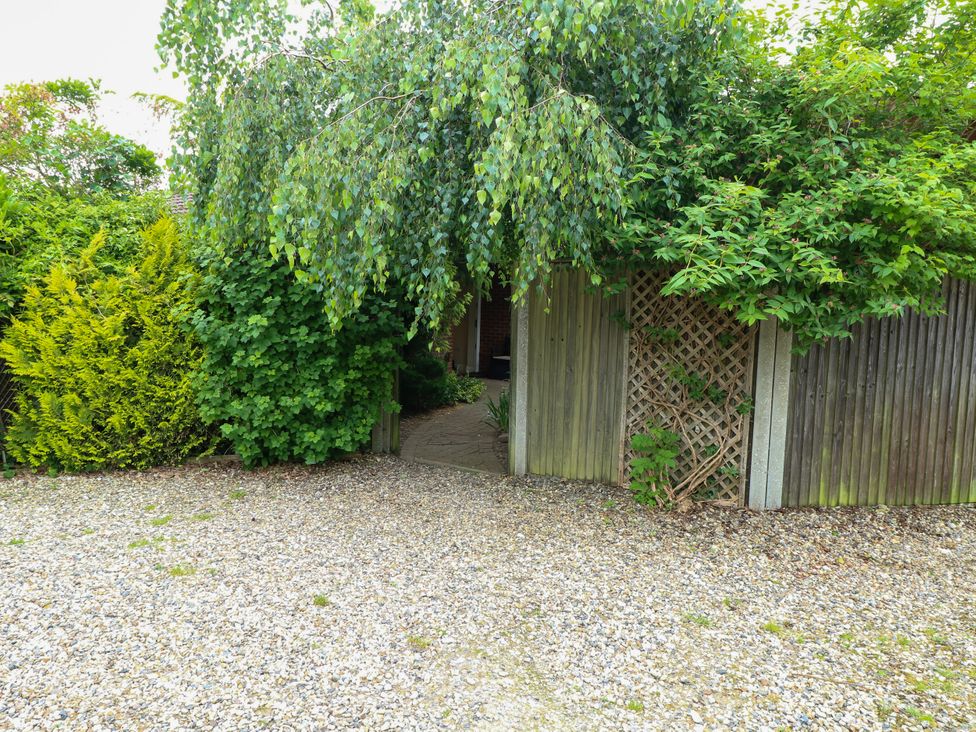 A garden with a pathway leading to a doorway at Birch Cottage in Brundall