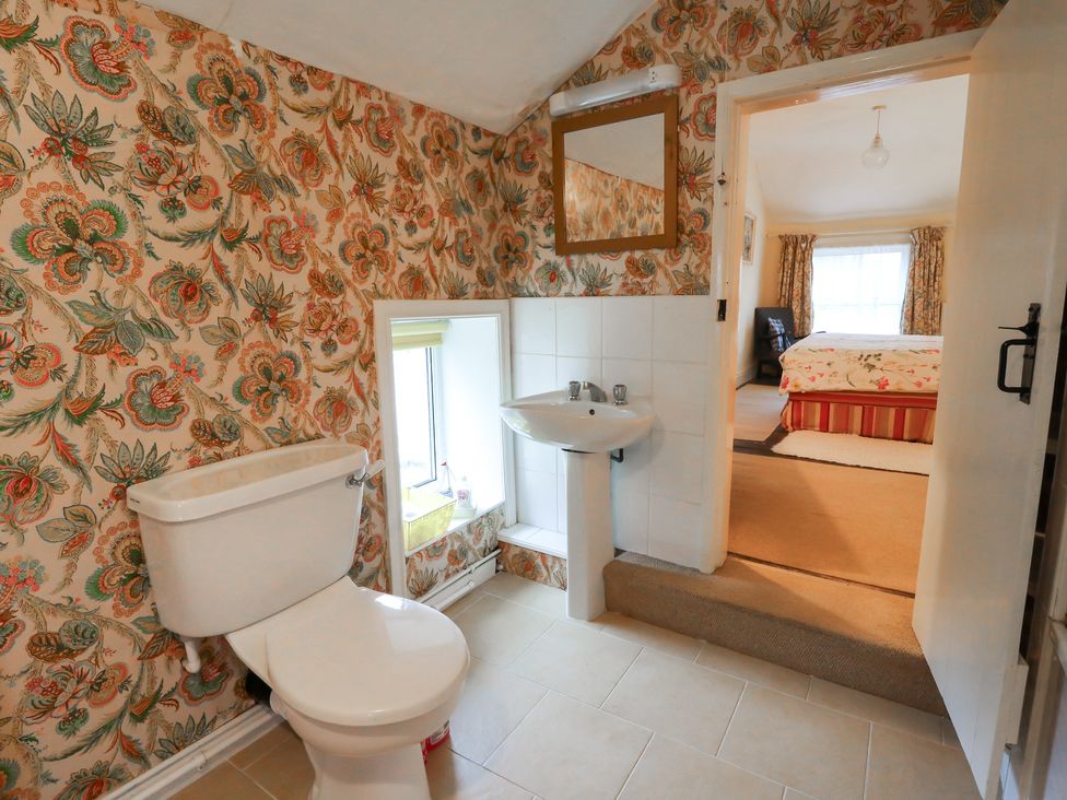 A bathroom featuring a toilet and sink at 6 Church Lane Llanidloes