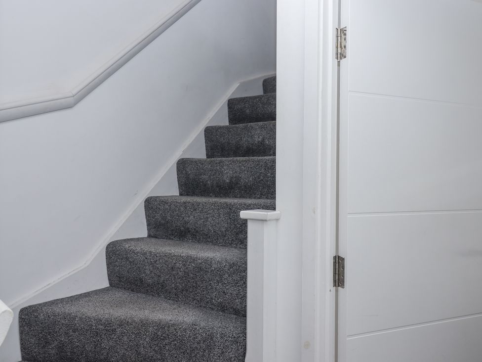 A staircase with carpeted steps and a white door at Driftwood in Torquay