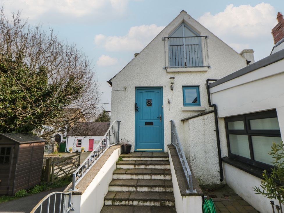 A house with a blue door and steps at Awen Ingli Newport, Pembrokeshire