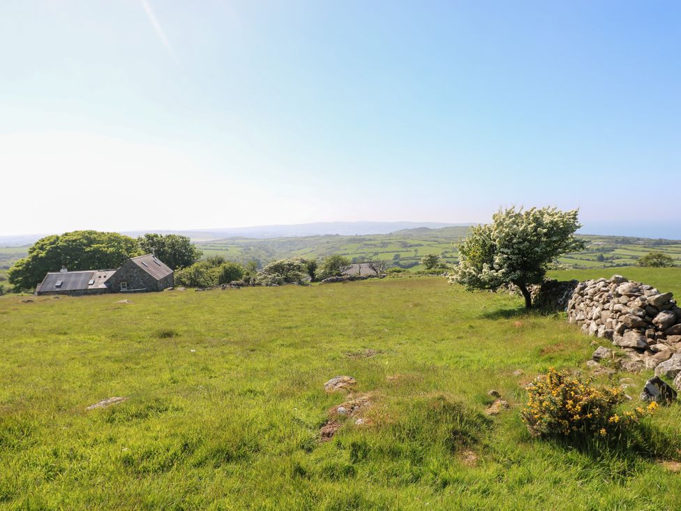 A rural landscape with a stone building green fields a stone wall and a tree at Ty Mellen in Dinas Cross