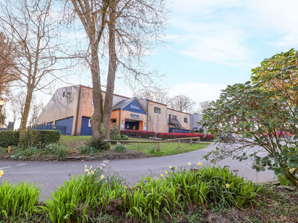 A reception building with trees and a pathway at Roughtor Cottage in St Tudy