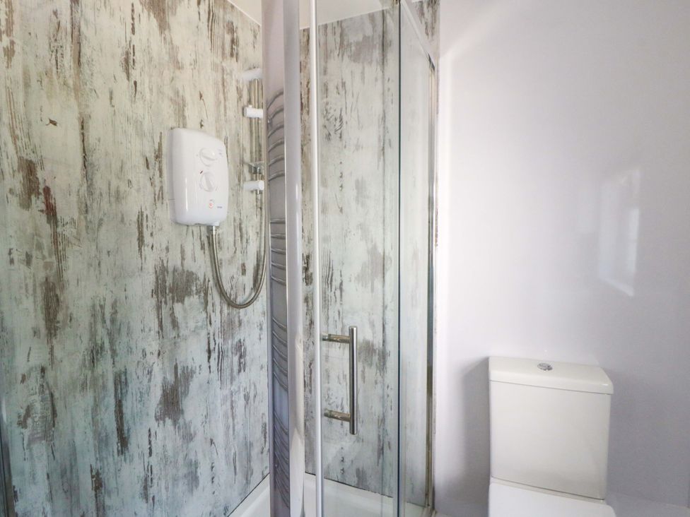 A bathroom with a shower and toilet at Cobwebs in Cold Inn near Saundersfoot