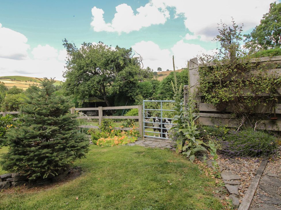 A garden with a gate and trees at Buzzards Breg in Builth Wells