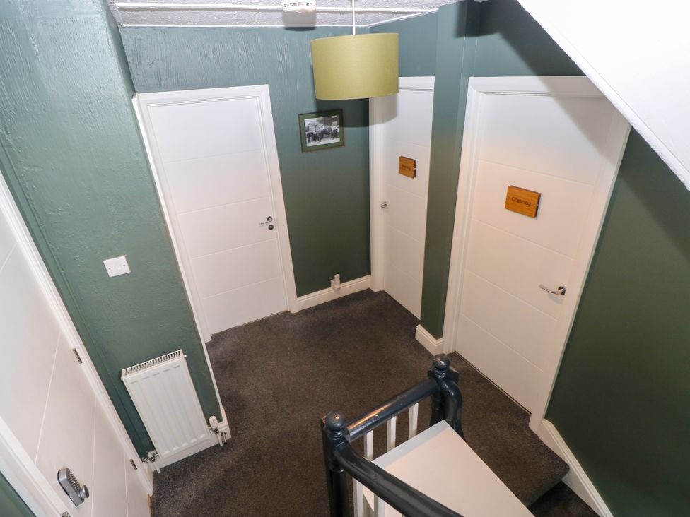 A hallway with multiple doors and a light fixture at Teifi Villa St Dogmaels