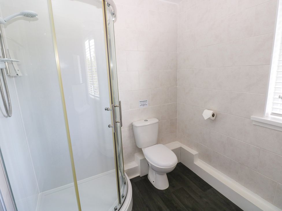 A bathroom with a shower and toilet at Teifi Villa St Dogmaels