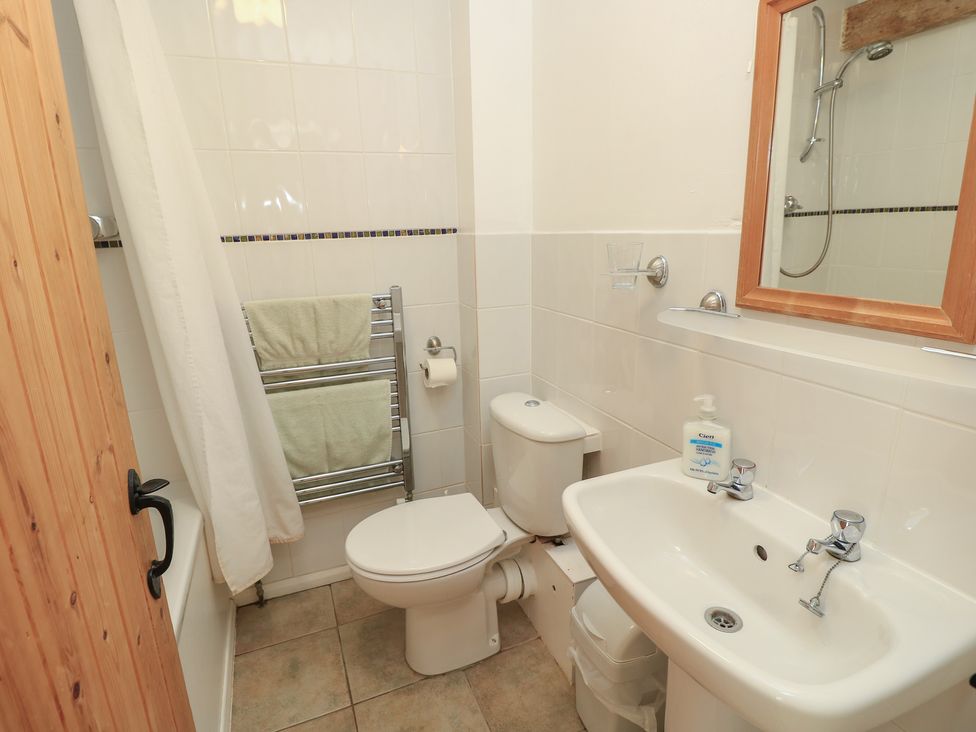 A bathroom with a toilet, sink, and shower at Byre Cottage 4 Sullington near Storrington