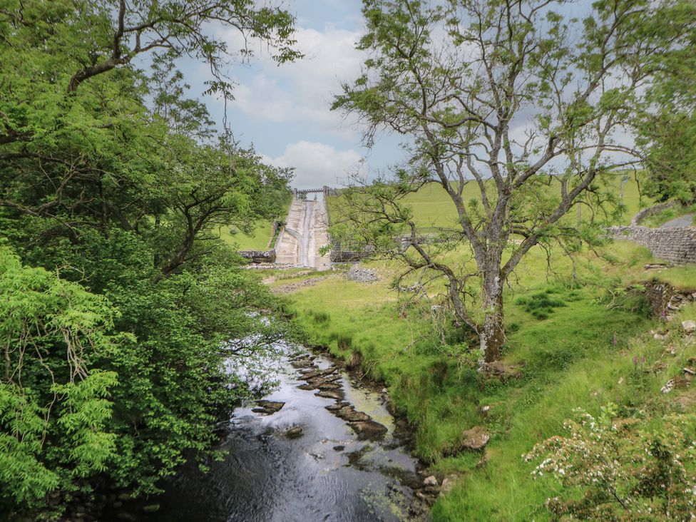 A dam with a stream and trees at Banklands in Mickleton, Teesdale