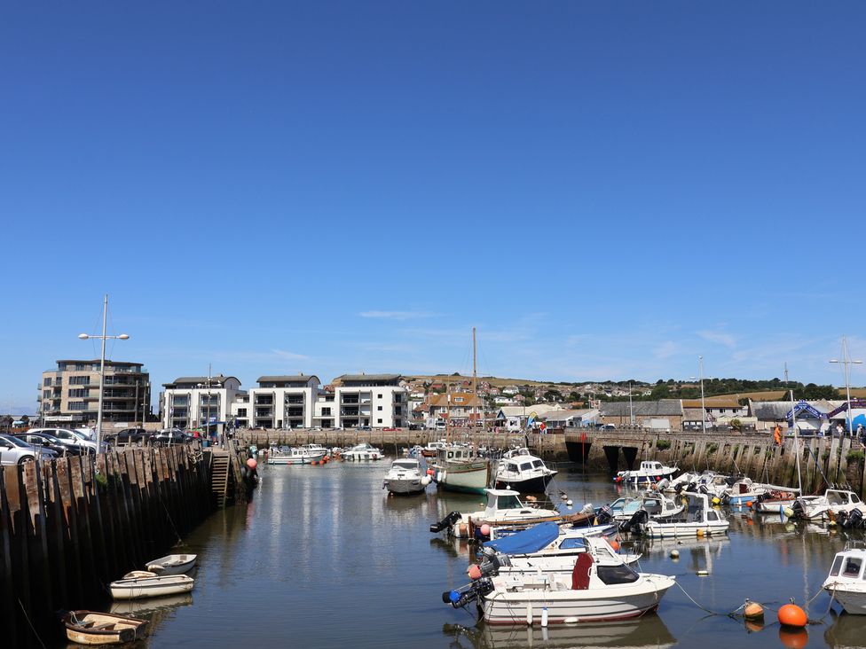 A harbor with boats and buildings at Flat F