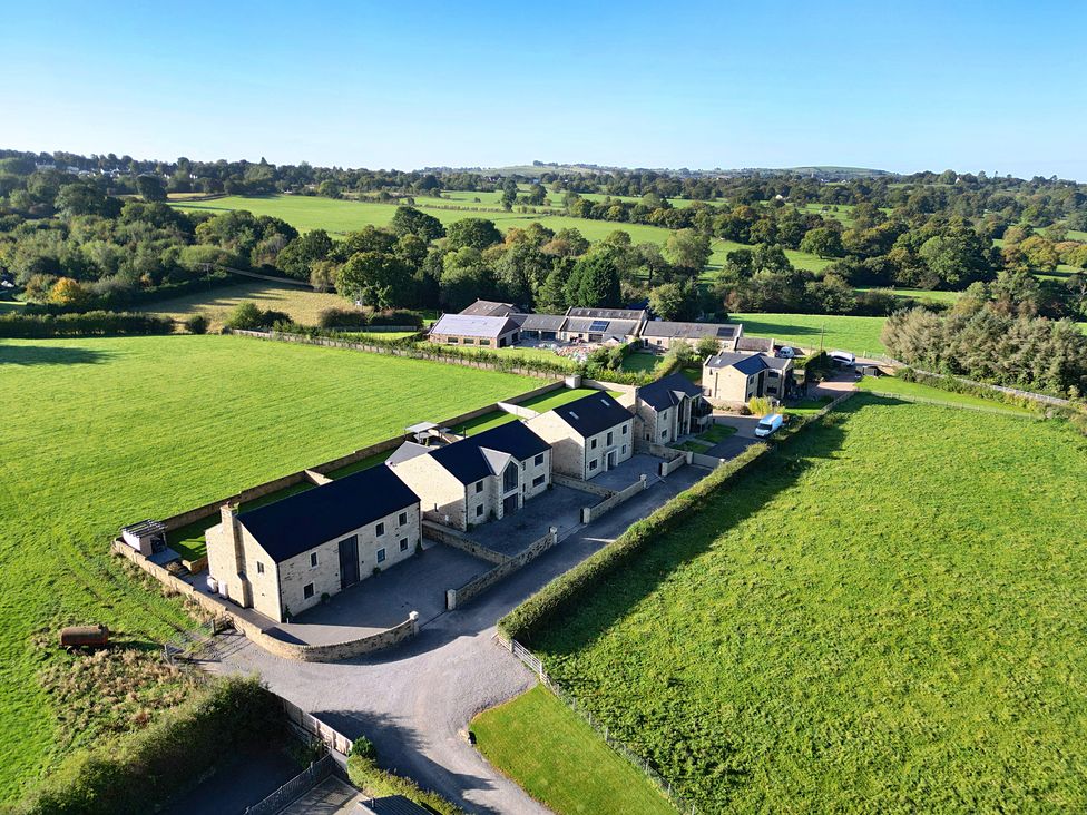 An aerial view of houses and fields at Mylstone House in Langho, Lancashire