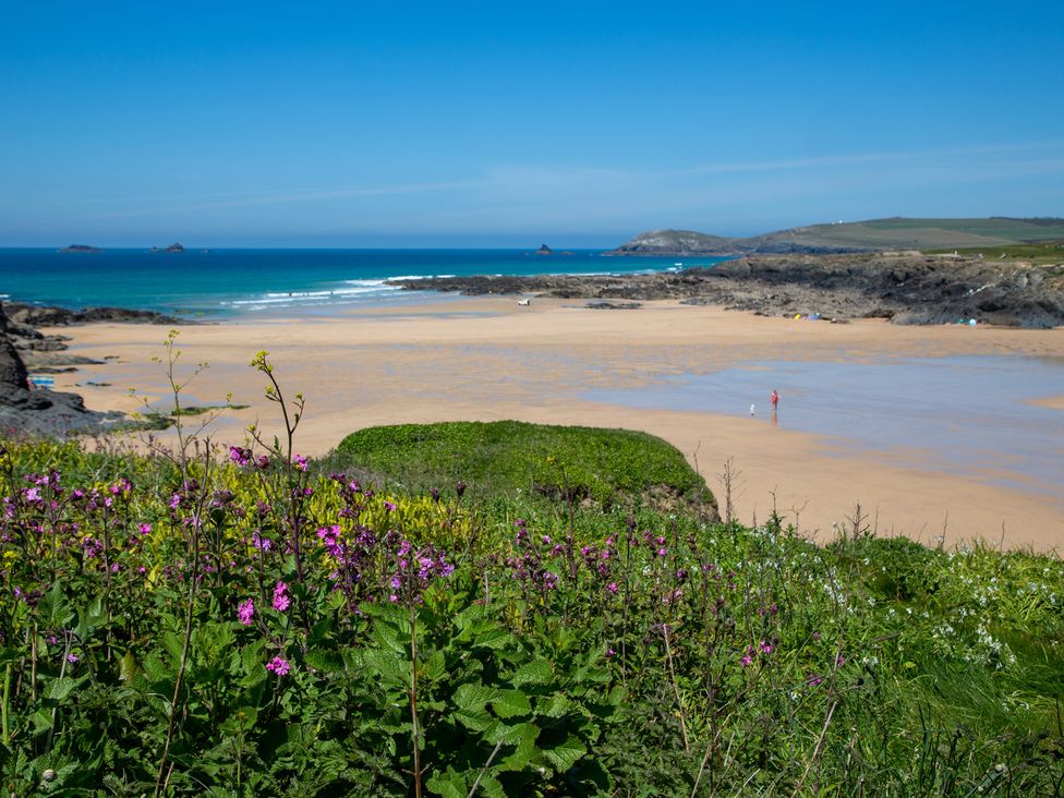 A beach with water, rocks, and flowers at Trelowen St Issey near Padstow