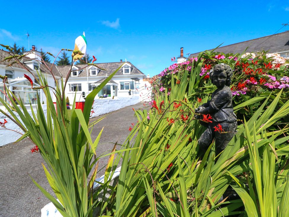 A garden with plants and a statue at Waterfall House in Dunmanway, County Cork