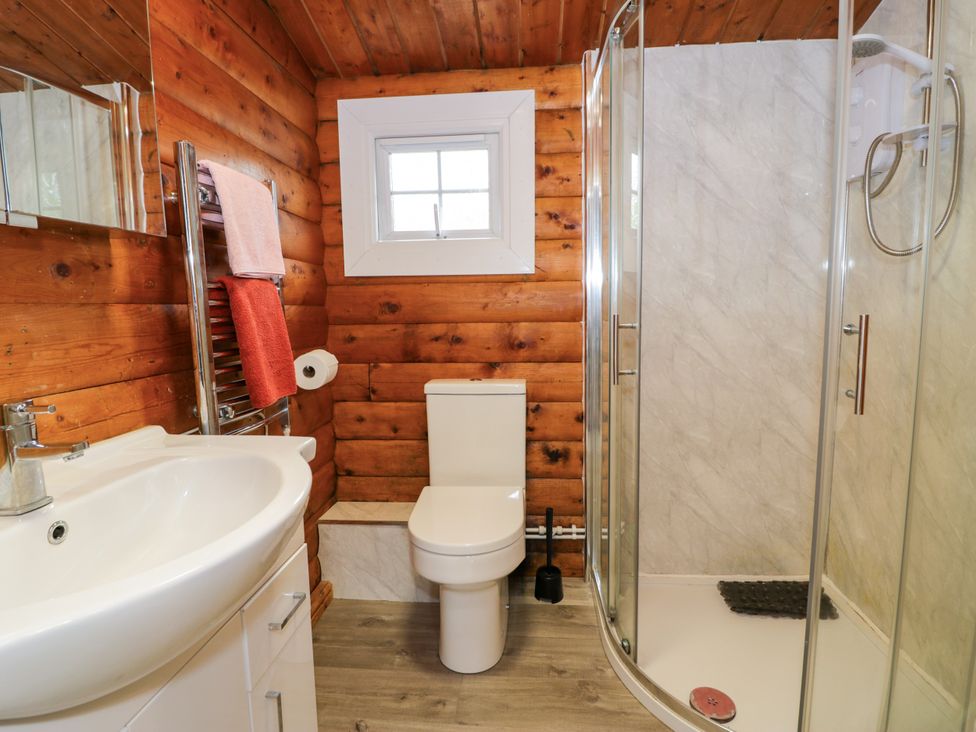 A bathroom with a sink, toilet and shower at Babbling Brook in Bron Aber near Blaenau Ffestiniog