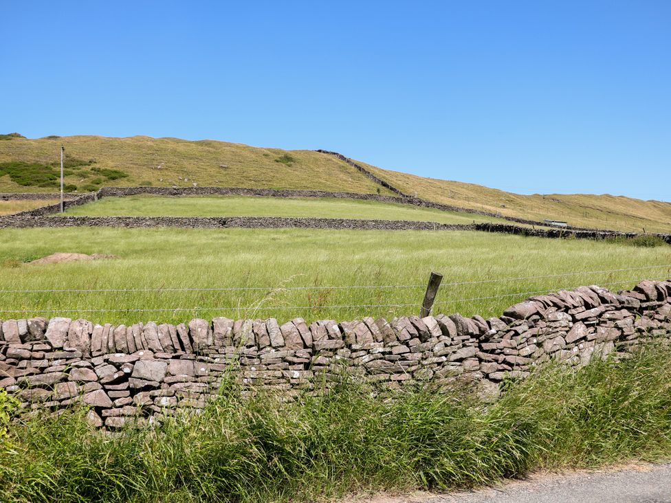 A field with stone walls and an electric pole at The Netty in Flash