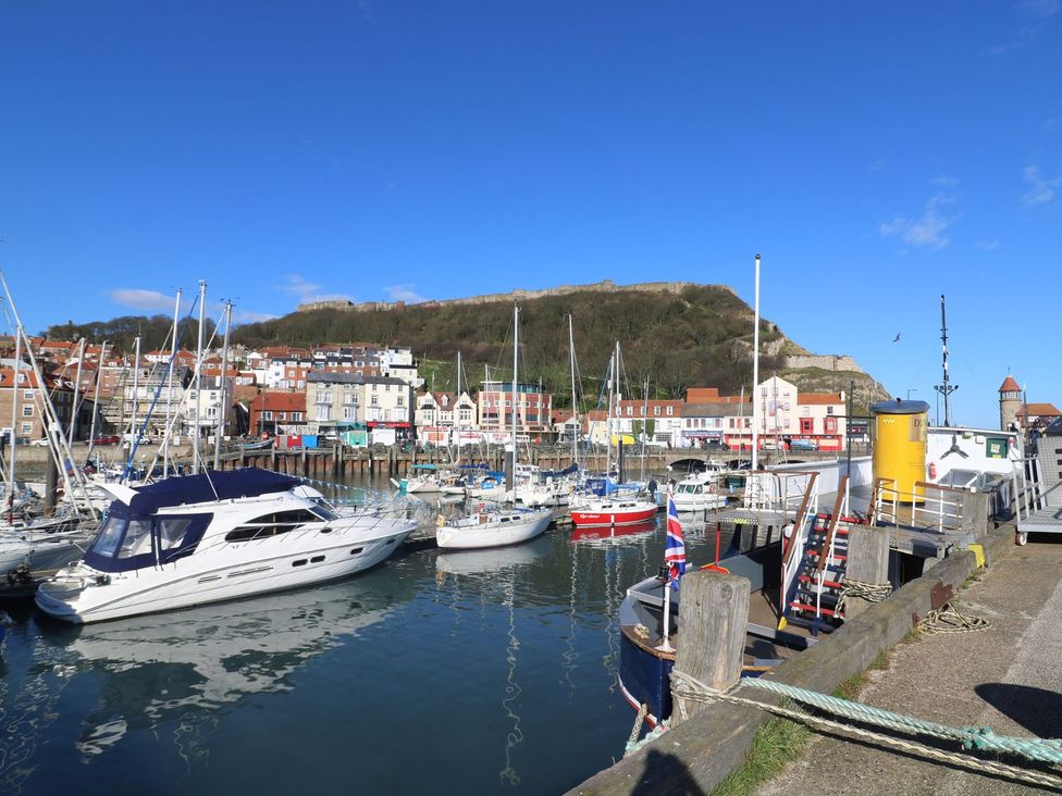 A marina with boats and buildings along the waterfront at The Lookout in 