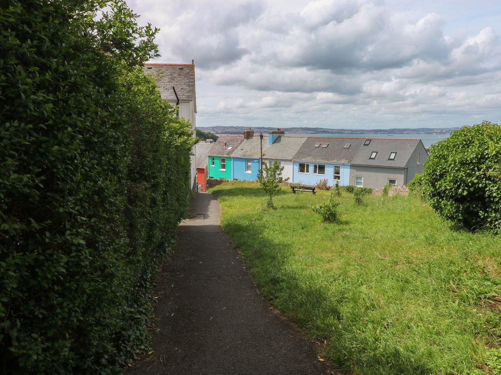A pathway leading to houses with grass and hedges at Bay View in Brixham