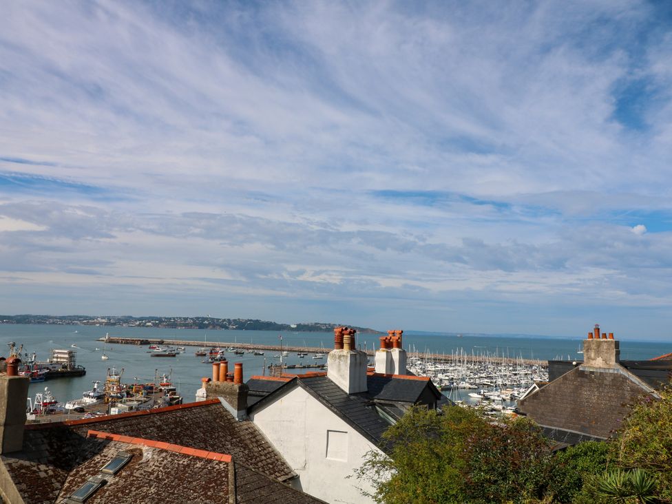 A view of boats in a marina with rooftops in Brixham