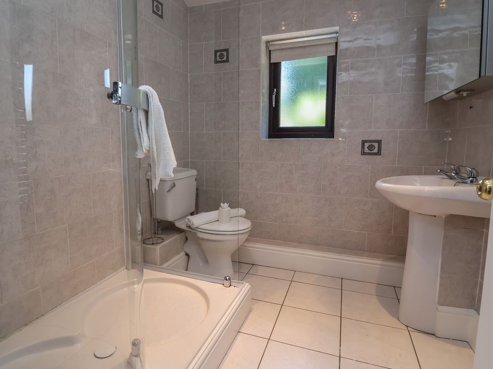 A bathroom with a shower, toilet and sink at 4 Green Farm Cottage Saughall