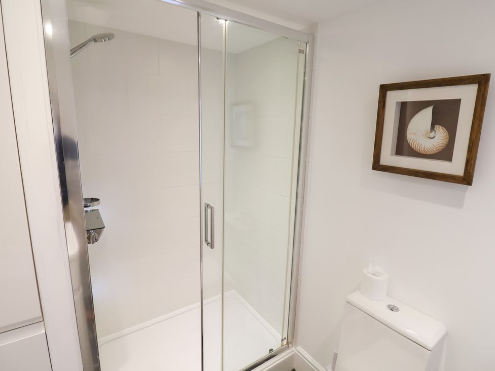 A bathroom with a shower and toilet at Seagull in Lyme Regis