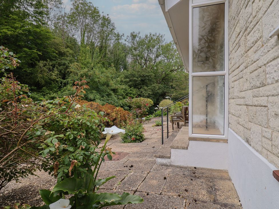 A garden with a pathway and a window at High Trees in Lyme Regis