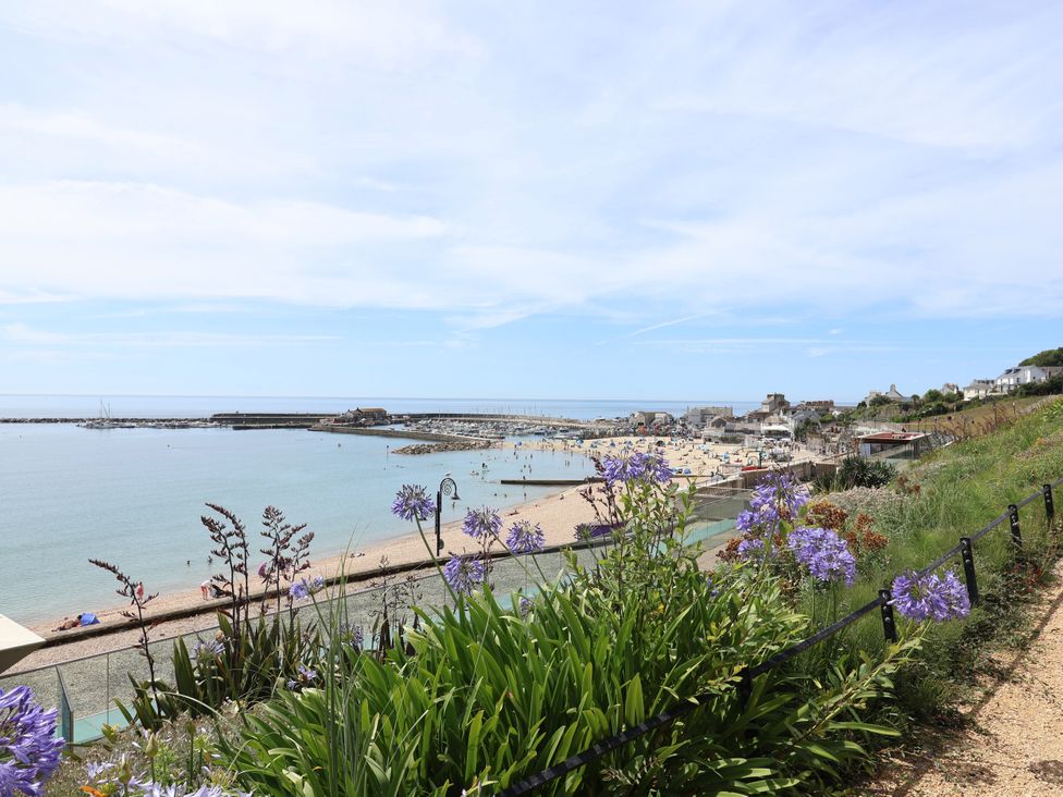 A view of the beach and sea with flowers along the pathway at 1 Wellhayes Lyme Regis