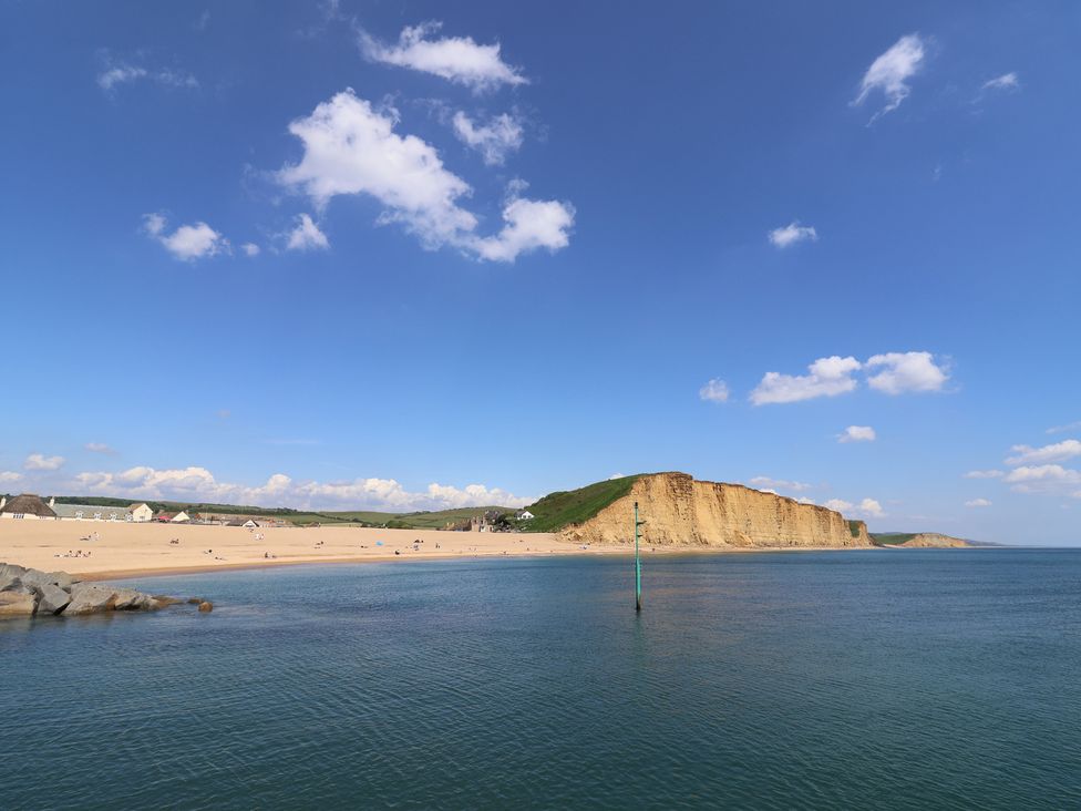 View of a beach with cliffs and water at The Dairy in Bridport