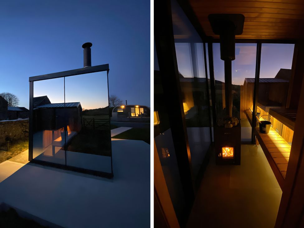 An outdoor spa area with a stove and seating at Little Heaning in Cartmel